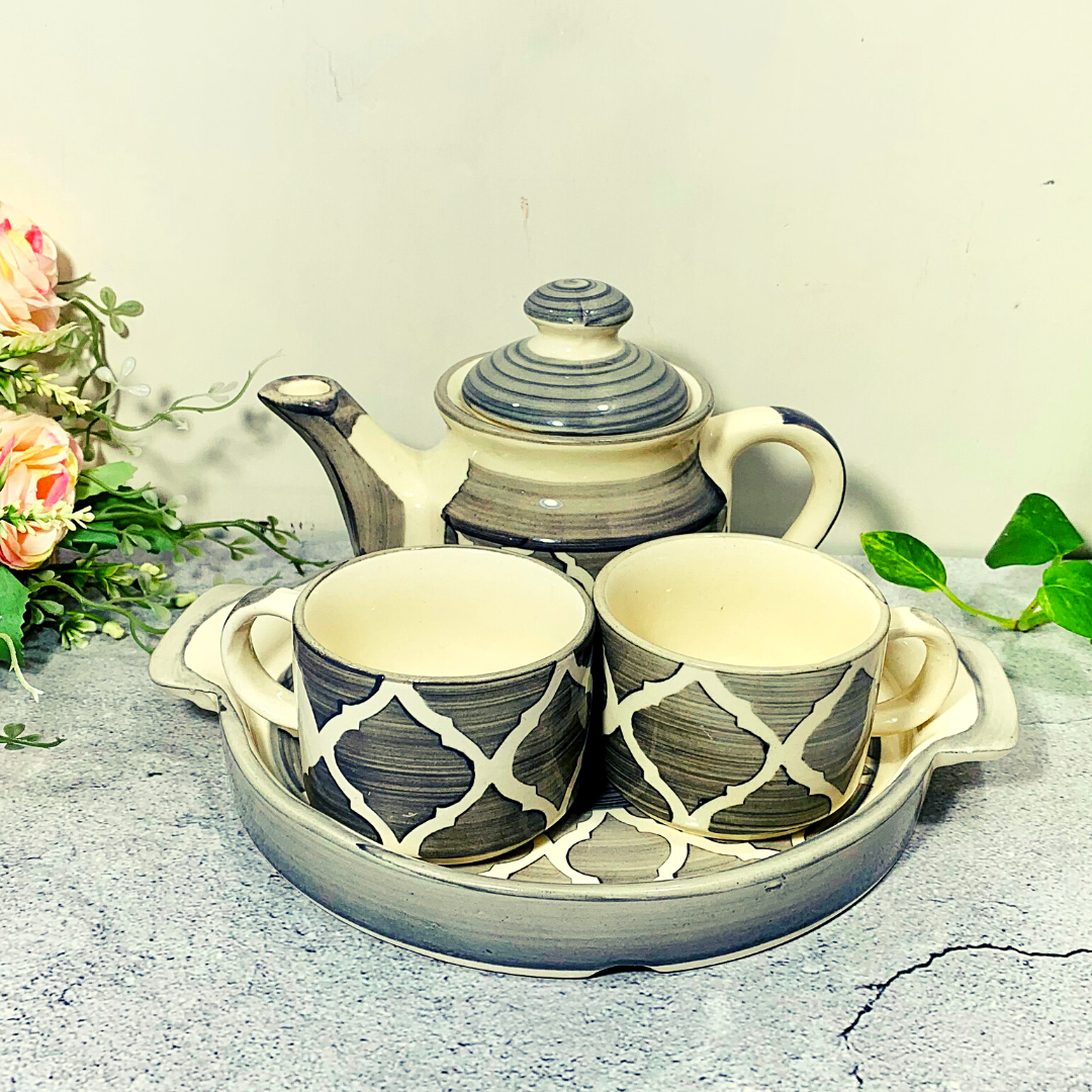 Homefrills Hand Painted Ceramic Tea Kettle Set with 2 Cups(150ml), 1 Kettle(400ml)& 1 Tray / CeramicGood Morning Set- Set of 4 Colour-Grey,Microwave Safe